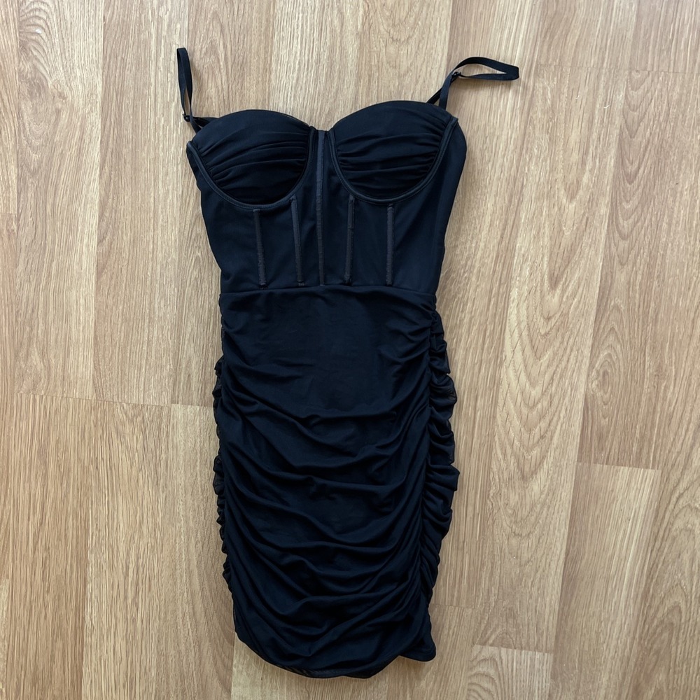 Black‎ Corset Dress Sz XS Ruched Bodycon Mini Whimsigoth Dark Romantic Coquette